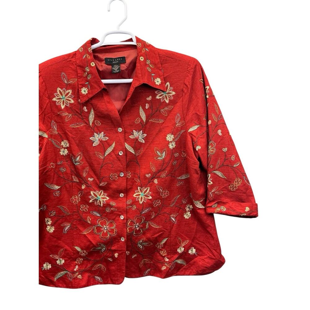 Silk Land Red Floral Embroidered 100% Silk Jacket Blazer 3/4 sleeve SZ.3X - Picture 2 of 14